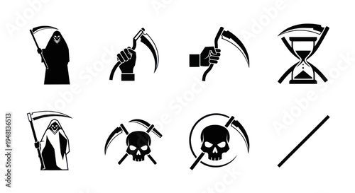 Grim Reaper and Death Symbols: Scythe Hourglass and Skull Icons.