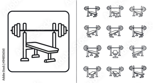 Set of weight bench press icons with barbell illustrated in a simple black outline style for fitness concepts.