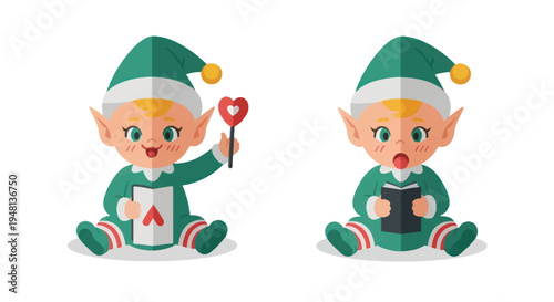Two Adorable Cartoon Christmas Elves with Green Outfits and Hats.