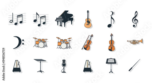 A diverse collection of music-themed icons including instruments notation and performance equipment.