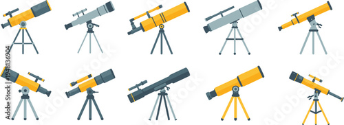 Telescope collection for astronomy and space observation featuring various optical instruments on tripods for stargazing, science education, and universe exploration.