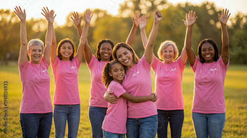 Cheerful diverse women and child breast cancer survivors raising hands in victory during outdoor support group meeting