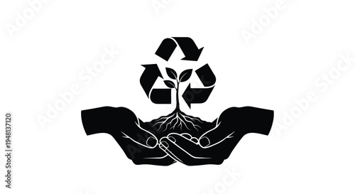 Hands cradling a plant with a recycling symbol above in black and white