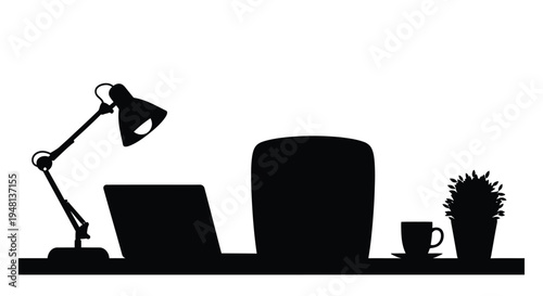 A minimalist workspace featuring a lamp laptop chair and plant