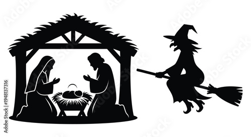 A whimsical scene depicting nativity alongside a flying witch