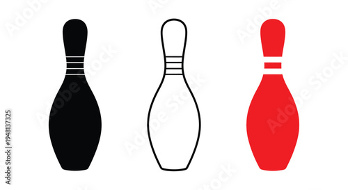 Three bowling pins in different colors and styles are displayed