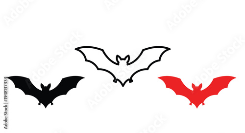 Three stylized bats in black white and red silhouettes