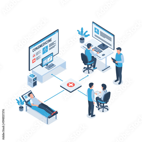 Isometric illustration of telemedicine and digital healthcare services connecting patients and doctors remotely for online consultation.