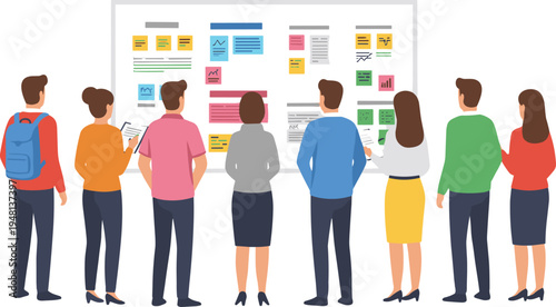 Business team brainstorming with whiteboard, sticky notes, charts, graphs, collaboration, project planning, teamwork, professional workplace diversity illustration