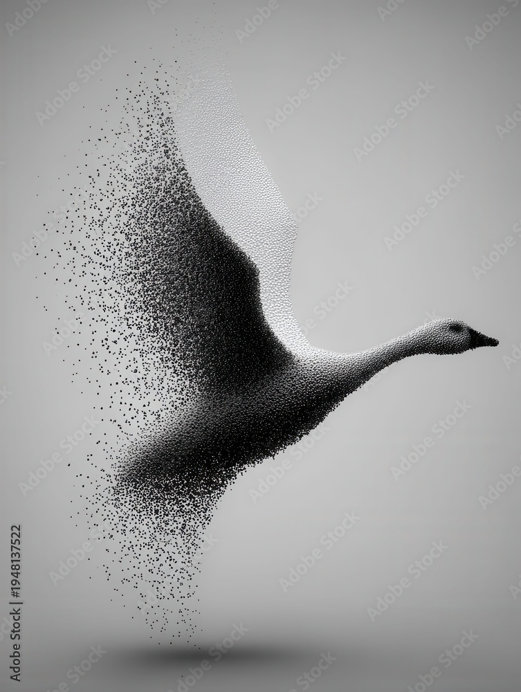 Obraz premium Abstract digital art of a swan dissolving into particles while flying against a gray background