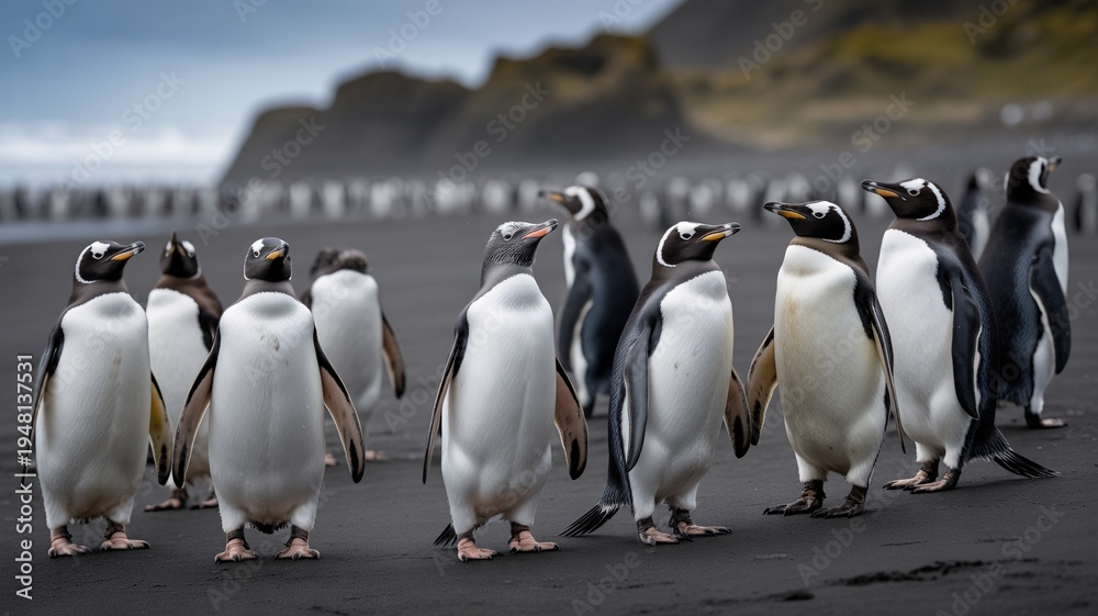 Obraz premium Gentoo Penguin Colony Walking Along Black Sand Beach in Antarctica with Dramatic Coastal Cliffs and Ocean Waves, Stunning Wildlife Scene of Penguins Gathering in Natural Polar Habitat