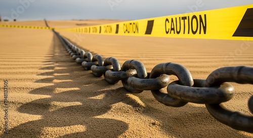Heavy chain marks a boundary with yellow caution tape on sand.