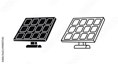 Two black and white illustrations of solar panels on stands