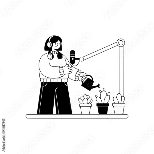 line art podcast producer adjusting boom arm microphone at desk or minimalist black and white line art podcast producer adjusting microphone on boom arm for recording