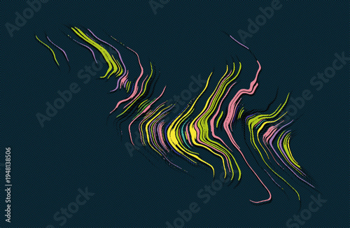 Abstract flowing wavy lines on a halftone dot dark background with distorted, colorful neon curves.