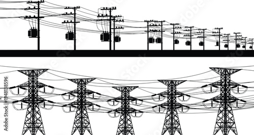 Electrical power distribution poles with transformers, high voltage transmission towers, energy infrastructure illustration, electricity grid system, utility lines, renewable energy concept