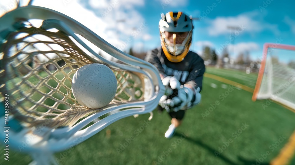 Fototapeta premium Dynamic Lacrosse Player Prepares to Pass Ball During Intense Game Action