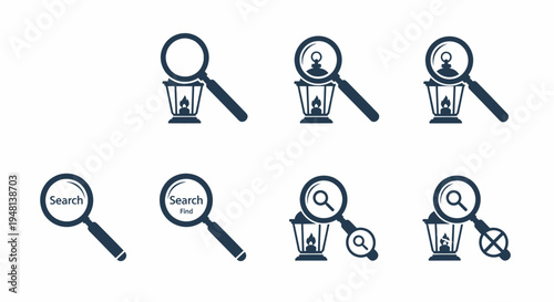 Black Magnifying Glass and Lantern Search Icons Set.