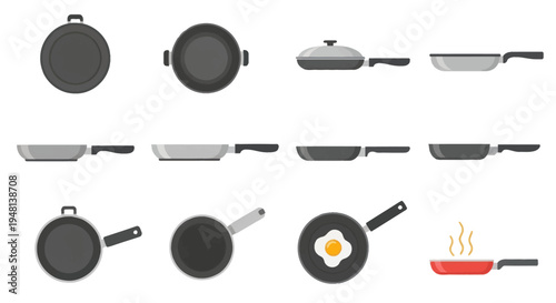 Diverse collection of cooking pans skillets and woks in various views including one with a fried egg.