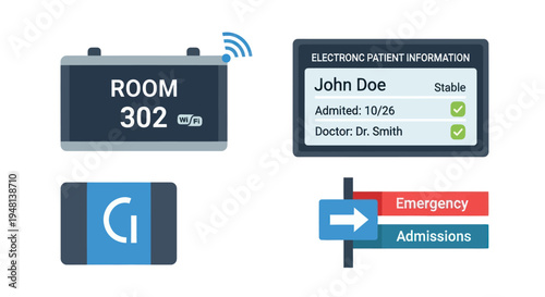A collection of modern digital hospital signs including electronic patient information and wayfinding.