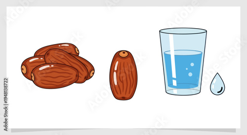 A cluster of dates a single date and a glass of water with a water droplet.