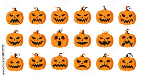 Collection of Spooky Carved Halloween Pumpkin Faces with Expressions.