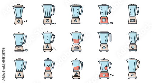 Collection of Colorful Cartoon Blenders with Glass Jars and Various Base Colors.