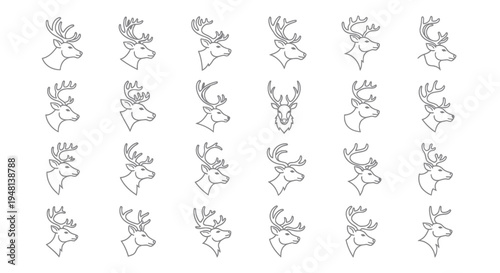 Collection of Deer Head Outlines with Antlers.