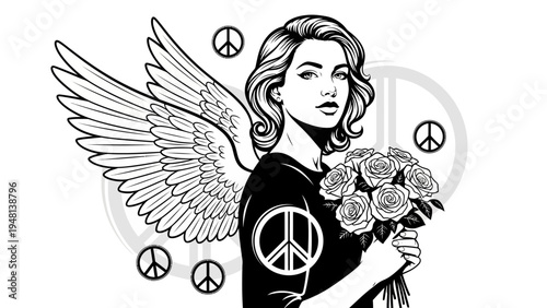 Angel of Peace with Roses and Peace Symbols