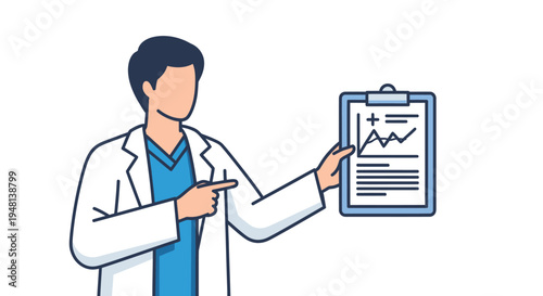 Doctor in white coat pointing at medical chart with graph.