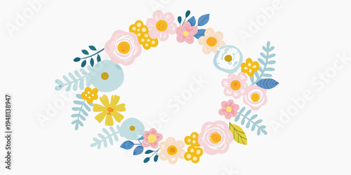A delicate floral wreath composed of pastel colored blossoms and foliage