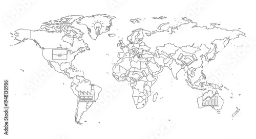 World Map Illustration in Black and White.