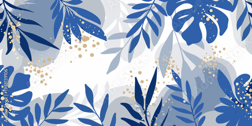 Elegant tropical leaves in shades of blue with gold accents