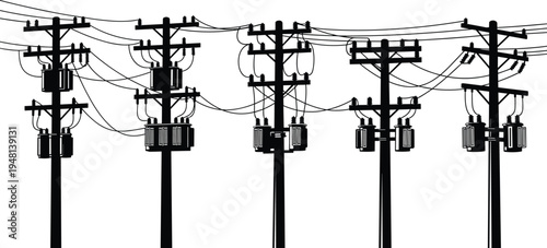 Electrical power distribution utility poles with transformers, crossarms, insulators, interconnected wires network, urban infrastructure illustration, energy system, electricity grid vector design