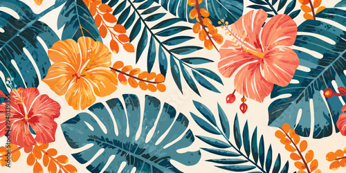 Tropical floral arrangement with hibiscus monstera and vibrant orange accents