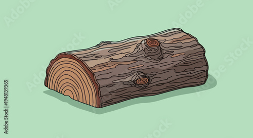 Illustration of a cut tree trunk with rings and knots.