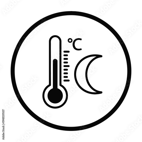 Minimalist weather icon combining thermometer with temperature scale and crescent moon for nighttime weather display or app design