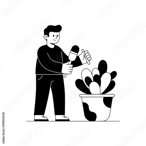 Lineart illustration of a podcast producer adjusting a boom arm microphone or Minimalist black and white podcaster adjusting a microphone beside a potted plant