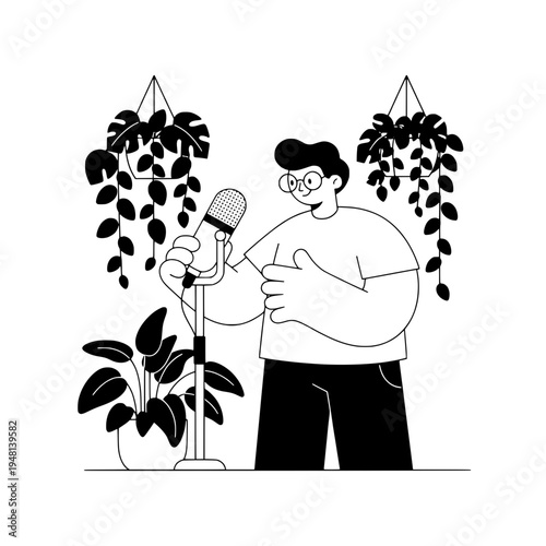 Podcast producer adjusting boom arm microphone in a plant filled studio or Studio podcast setup with boom arm microphone adjusted by producer