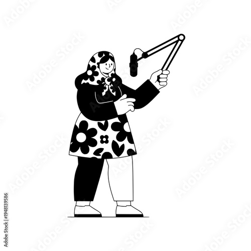 podcast host line art illustration adjusting the boom arm microphone for clear sound or monochrome retro line drawing of a podcast host setting up a mic on a boom arm