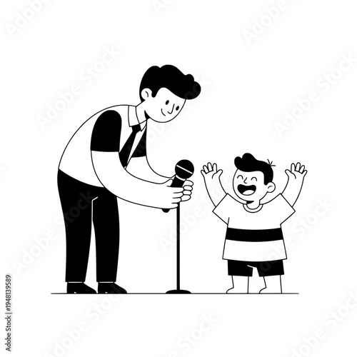 Podcast host positioning a boom microphone for a child audience on stage or The boom arm microphone setup enhances podcast recording with a joyful child guest