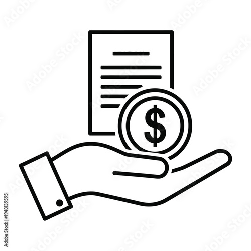 Professional hand offering a document paired with a coin symbolizing financial transaction and agreement signing