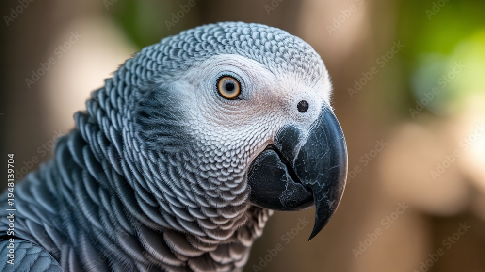 Fototapeta premium African Grey Parrot Close Up Portrait with Detailed Feathers and Intelligent Eye, Exotic Talking Parrot Wildlife Photography with Soft Natural Background Bokeh