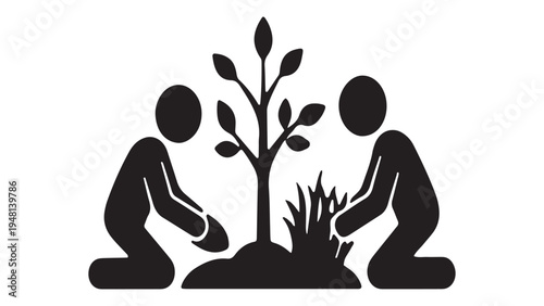 Community volunteers planting young tree together, environmental conservation and teamwork concept icon.