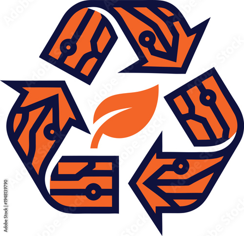 Sustainable Technology Recycle Symbol with Orange Circuit Pattern and Green Leaf for Eco-Tech Concept