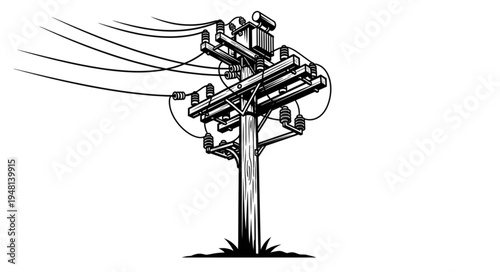 Detailed Illustration of a Power Pole with Electrical Components.