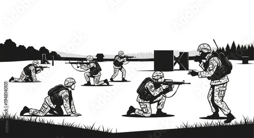 Military Training Exercise - Soldiers in Action on the Battlefield.