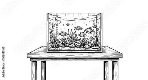 Detailed Line Art Illustration of a Fish Tank on a Table.