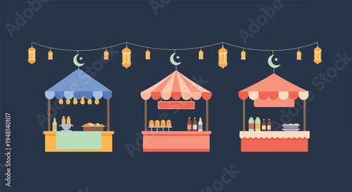 Ramadan Night Market Flat Vector Illustration