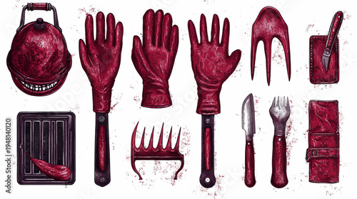 Collection of stylized red objects including tools, gloves, and containers, with pixelated details